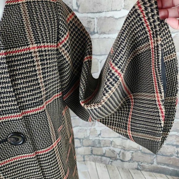 Halogen x Atlantic Pacific Glen Plaid Pea Coat Bell Sleeve Tan/Black Size Medium - Picture 11 of 15